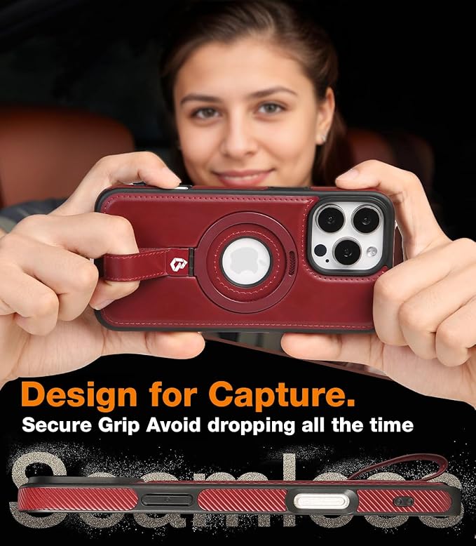 Butaiga for iPhone 14 Pro Leather Case with Stand, Anti-Slip Grip Ring, Fits for MagSafe (Burgundy, iPhone 14 Pro)