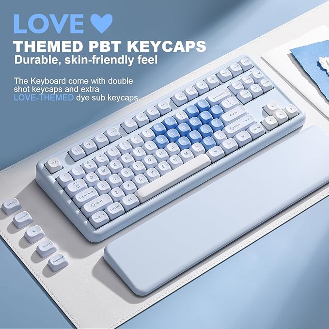 YUNZII B87 Wireless Mechanical Keyboard,QMK/VIA Programmable,TKL Layout 87 Keys,BT/2.4G/USB-C,Hot Swap Gasket Mount RGB Backlit Gaming with Wrist Rest for Win/Mac (Blue Heart, Milk V2)