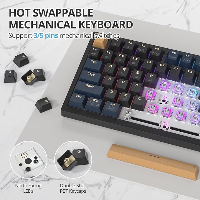 400PRO 75% Wireless Black Blue Gaming Keyboard, Gasket Hot Swappable RGB Mechanical Keyboard, Bluetooth/2.4GHz/USB-C Thocky Keyboard with Pre-lubed Cream Grey Switches (82 Black Blue-B)