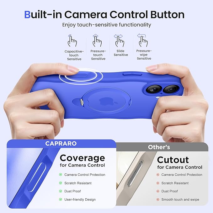 CAPRARO for iPhone 16 Plus Case with 360° Spin Magnetic Stand for Women, [Compatible with MagSafe] [Full Camera Protection] Cute Wave Translucent Matte Case for iPhone 16 Plus, Ultramarine