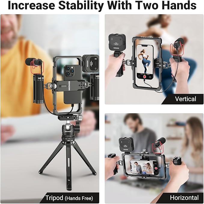 NEEWER Upgraded Phone Rig Vlogging Kit, Video Stabilizer with Dual Handle, Wireless Mic Clip Slot for TikTok YouTube, Compatible with SmallRig iPhone 17 Pro Max 16 16e 15 Galaxy S25 Ultra, PA009