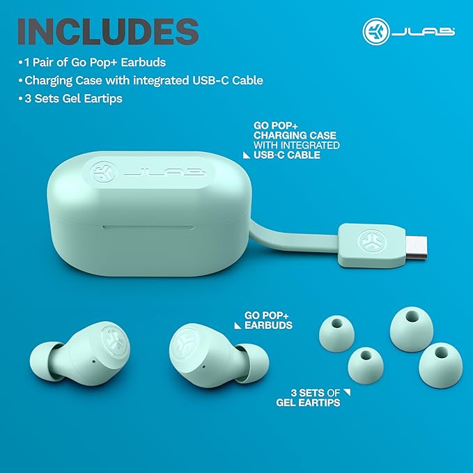 JLab Go Air Pop+, True Wireless Earbuds, Bluetooth Earbuds with Microphone, Dual Connect, EQ3 Sound, Mint Green