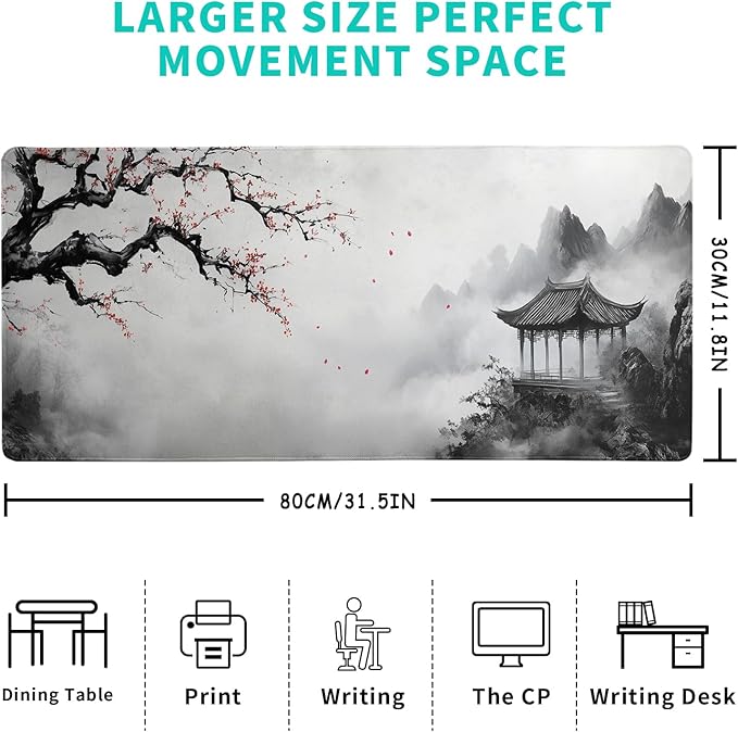Watercolor Cherry Blossom Mouse Pad 31.5x11.8 Inch Full Desk Japanese Mousepad Large Non-Slip Rubber Base Waterproof Keyboard Mat with Stitched Edges for Gaming （Cherry Blossom Watercolor 1）