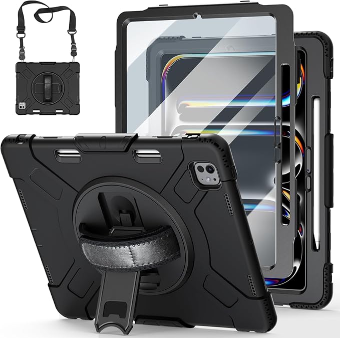 Case for iPad Pro 13 Inch M5 2025/ M4 2024: Military Grade Cover for iPad Pro 13" with Screen Protector - Stand - Handle - Shoulder Strap - Pencil Holder- Black