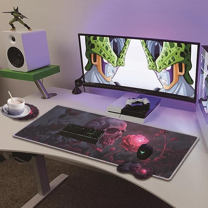 Extended Non-Slip Mouse Pad + Mouse Wrist Rest + Lace-Shaped Coaster Set, Ergonomic Design, Suitable for Desk and Home Gaming Table Mat, Rose Skull