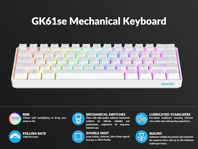 Geeky GK61 SE 60% | Mechanical Gaming Keyboard | 61 Keys Multi Color RGB LED Backlit for PC/Mac Gamer | ANSI US American Layout (White, Mechanical Black)