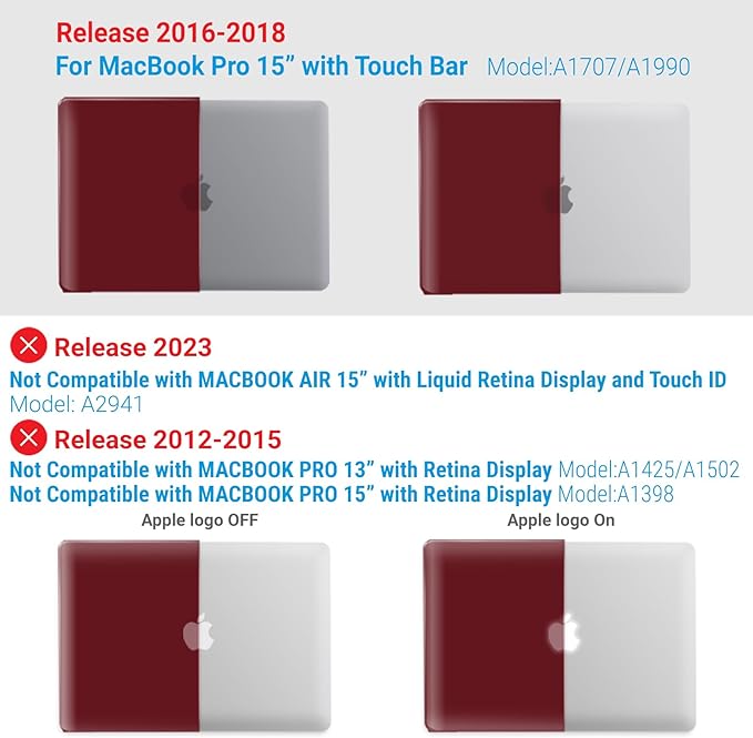 IBENZER Compatible with MacBook Pro 15 Inch Case A1990 A1707, Hard Shell Case with Keyboard Cover & Type C Adapter for Mac Pro 15 Touch Bar, Wine Red, T15-WR+1TC A