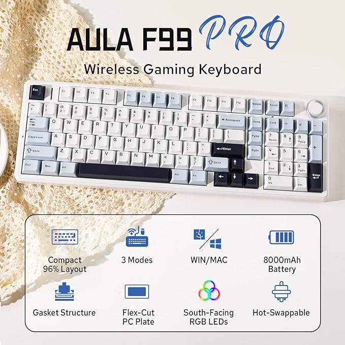 MechLands Aula F99 PRO 96% Mechanical Gaming Keyboard, BT5.0/USB-C/2.4GHz Wireless, Hot Swappable Gasket Custom Keyboard with 8000mAH Battery, Rotary Knob, RGB Backlit for Win/Mac (White Blue)