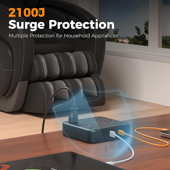 TESSAN 5Ft Black Extension Cord with Multiple Outlets, Surge Protector Power Strip with 6 Outlets and 4 USB Ports (2 USB C), 2100 Joules Protection, Flat Plug, Outlet Extender for Home, Office, Dorm
