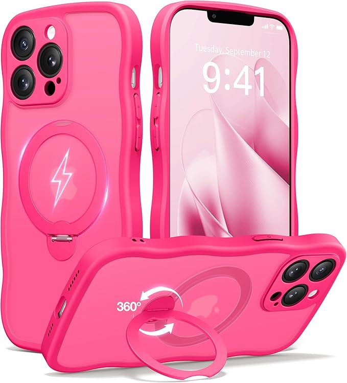 CAPRARO for iPhone 13 Pro Case with 360° Spin Magnetic Stand for Women, [Compatible with MagSafe] [Full Camera Protection] Cute Wave Translucent Matte Case for iPhone 13 Pro, Hot Pink