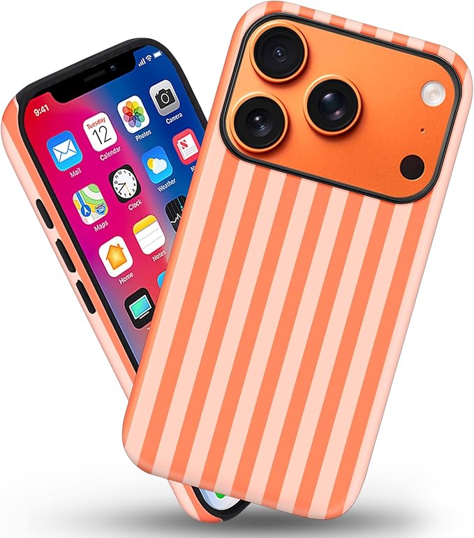 Magnetic for iPhone 17 Pro Case Cute Stripes Phone Case, Shockproof Slim TPU and Hard PC Protective Phone Cover Compatible with MagSafe Designed for Women Girls, Deep Orange