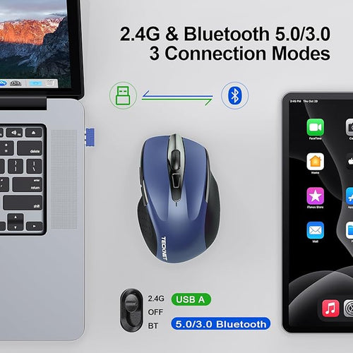 TECKNET Wireless Mouse (2.4G & BT5.0/3.0) Silent 4800 DPI Computer USB A & Bluetooth Mouse 6 Buttons, Wide Compatibility - Blue