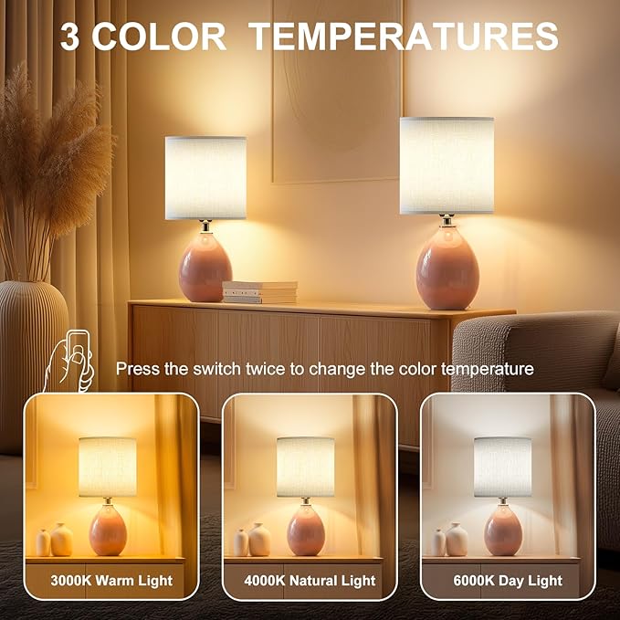 Dawnwake 18.5" Table Lamps Set of 2 for Living Room Bedroom, Bedside Lamps for Night Stands, Desk Nightstand Lamp Dimmable, Modern Linen Ceramic Lamps，Pink