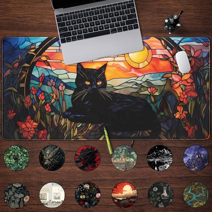 Mechanical Cattle Black Cat Desk Mat Vintage Sunset XXL Large Mouse Pad Laptop Desk Mousepad with Stitched Edges, Keyboard Pad Mouse Mat for Work Game Office Desk Accessories 31.5x15.7 in