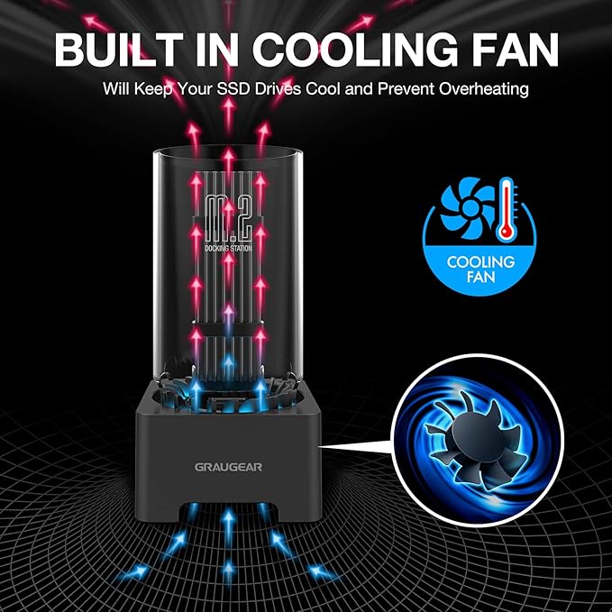 GRAUGEAR M.2 NVMe SATA PCIe SSD Enclosure Adapter Docking Station with Cooling Fan, USB3.2 Gen2 10Gbps M.2 SSD External Case USB C, Support UASP and Trim, M2 NVMe NGFF M Key B+M Key, RTL9210B Chipset