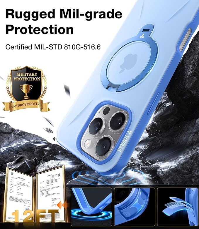 TORRAS 360° Spin Magnetic Stand for iPhone 16 Pro Max Case, Fit for MagSafe, Hard PC Protective Ostand Case for iPhone 16 Pro Max Phone Case with Kickstand Rotatable, Sapphire Blue