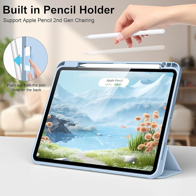 for iPad Pro 12.9 Inch Case 6th/5th/4th Generation (2022/2021/2020) with Pencil Holder, Smart Stand Cover with Soft TPU Back for iPad Air 13 inch Case, Auto Sleep/Wake, Blue