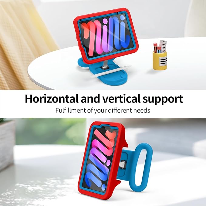 Kids Case for iPad mini 7 (A17 Pro) 2024 / iPad mini 6 2021, Child Friendly Case with Adjustable Portrait/Landscape Stand,Heavy Duty Cover with Screen Protector for iPad mini 7/6 8.3 inch(Redblue)