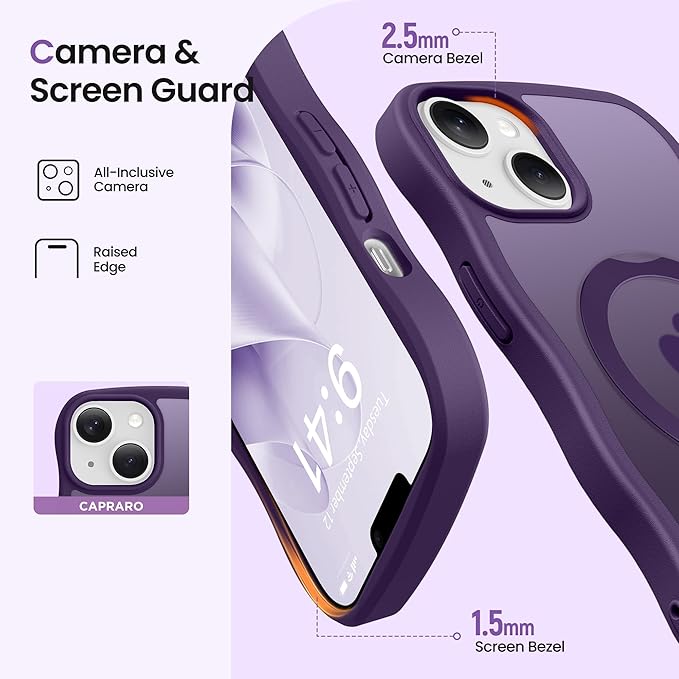 CAPRARO for iPhone 13 Case & iPhone 14 Case with 360° Spin Magnetic Stand for Women, [Compatible with MagSafe] [Camera Protection] Cute Wave Translucent Matte Case for iPhone 13/14, Deep Purple
