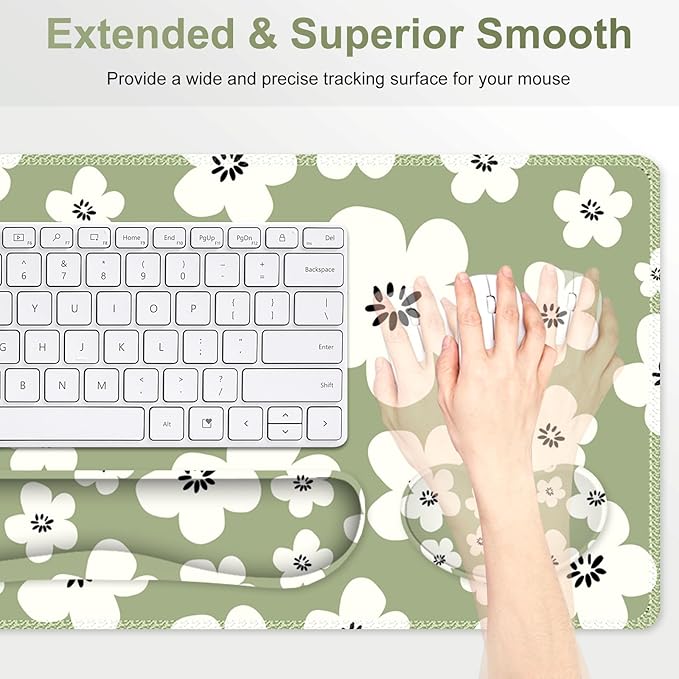 Large Gaming Mouse Pad Set, 4 in1 Ergonomics Keyboard Desk Mat w/Memory Foam Wrist Rest, Computer Extended Game Mousepad, Non-Slip Desk Matt Pad Easy Typing Pain Relief I Green Lucky Florals