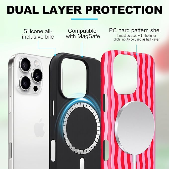 Magnetic for iPhone 15 Case Cute Wavy Stripes Phone Case, Shockproof Slim TPU and Hard PC Protective Phone Cover Compatible with MagSafe Designed for Women Girls, Red