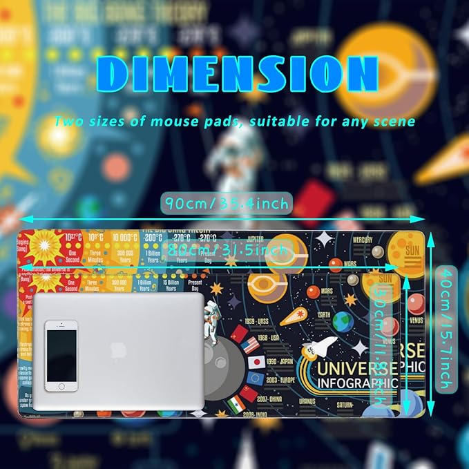 Desk Mat, 3D Solar System Galaxy Infographic Extended Gaming Mouse Pad Large, 31.5"x11.8" Big Mouse Pad with Non-Slip Base and Stitched Edge, Long Computer Keyboard Mouse Mat for Home Office Work