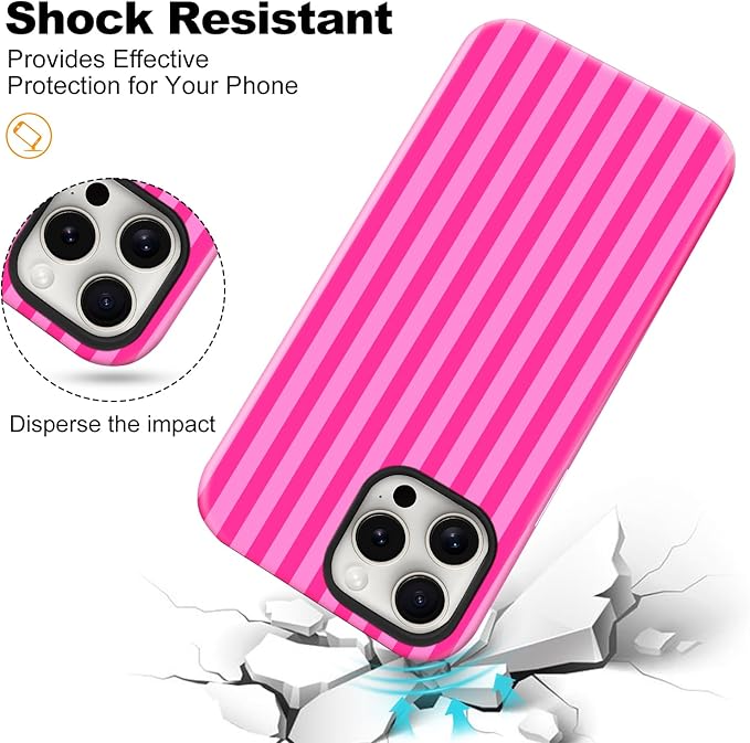 Magnetic for iPhone 15 Pro Max Case Cute Stripes Phone Case, Shockproof Slim TPU and Hard PC Protective Phone Cover Compatible with MagSafe Designed for Women Girls, Deep Pink