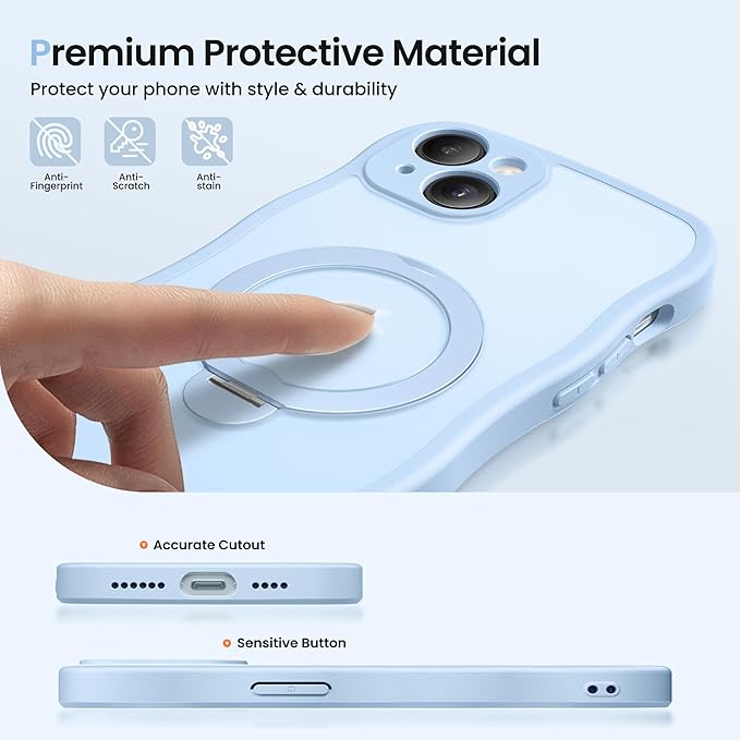 CAPRARO for iPhone 15 Plus Case with 360° Spin Magnetic Stand for Women, [Compatible with MagSafe] [Full Camera Protection] Cute Wave Translucent Matte Case for iPhone 15 Plus, Sky Blue