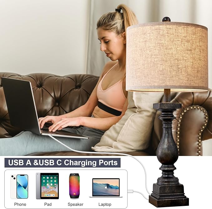 BOBOMOMO Retro 27" USB Charging Ports A/C Farmhouse Single Lamps for Bedrooms Retro Side Table Lamps Bedside Lamp for Side Nightstand Living Room 1 Pack (Blubs not Included)