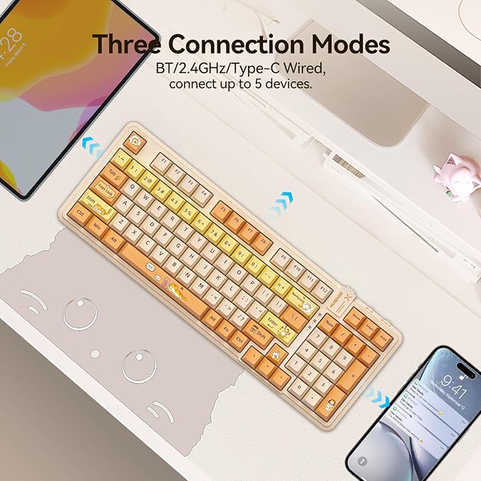 AUSDOM 98Pro Wireless Mechanical Keyboard, Tri-Mode Bluetooth/2.4GHz/USB-C Gasket Hot Swappable Custom Gaming Keyboard with Backlit, PBT Keycaps, Linear Switches, for Windows/Mac/PC (Yellow Cat Theme)
