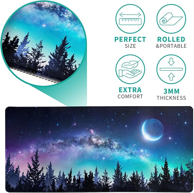 Extended Gaming Mouse Pad, XL Large Keyboard Mouse Mat Desk Pad, Stitched Edges Mousepad, 3mm Thick Long Non-Slip Rubber Base Mice Pad, 31.5 X 11.8 Inch, Forest Moon Galaxy