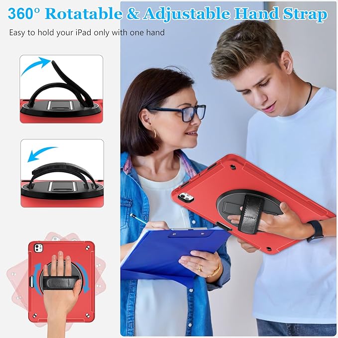 Case for iPad Pro 13 Inch M5 2025/ M4 2024: Military Grade Cover for iPad Pro 13" with Screen Protector - Stand - Handle - Shoulder Strap - Pencil Holder- Red
