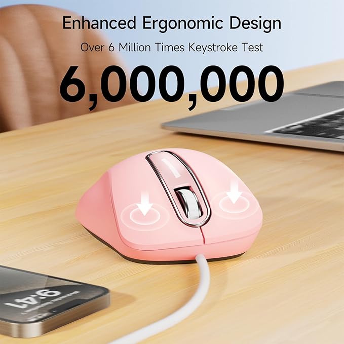 memzuoix Wired Mouse, USB Computer Mouse 1400 DPI Mobile Optical Mouse Ergonomic Design Computer Mice with 5FT Cord for Laptop, PC, Desktop, MacBook, 5 Buttons (Pink)