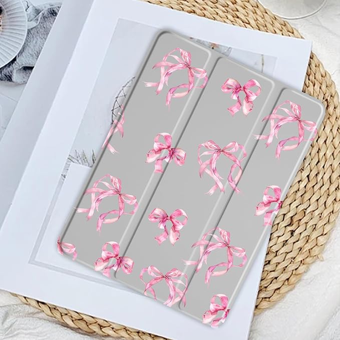 JOYLAND Elegant Bow Pattern Case for 10.5" iPad Pro(2017)/iPad Air 3, Clear Acrylic Hard Back Grey Case with Pencil Holder Trifold Stand Tablet Cover (Model Number:A1701 A1709 A1852)
