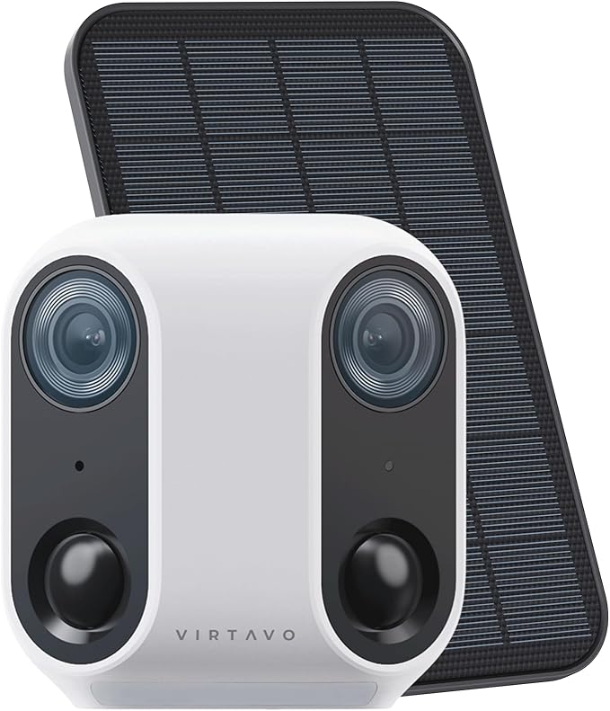 VIRTAVO Solar Security Camera Outdoor Wireless, Dual Lens Camera with Free AI Detection, Color & IR Night Vision, Optional Cloud & Local Storage, No Subscription, IP65, 2.4GHz WiFi