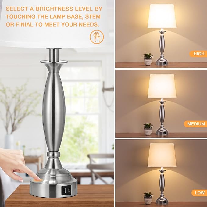 Seealle White Lamps for Bedrooms Set of 2 - Touch Control Bedside Lamp with USB C+A, 3 Way Dimmable Nightstand Lamps with USB Port, Table Lamp for Living Room(White Shade and Nickel Base)