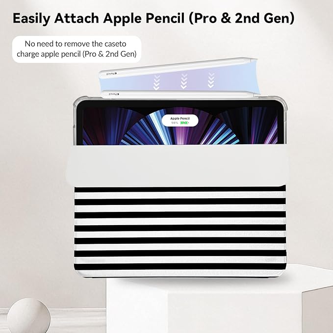 Lovmooful Compatible for iPad Pro 12.9-Inch 2022/2021/2020/2018 (6th/5th/4th/3rd Generation) Case with Pencil Holder Cute Striped with Aesthetic Design Soft TPU Trifold Stand Protective-Black&White