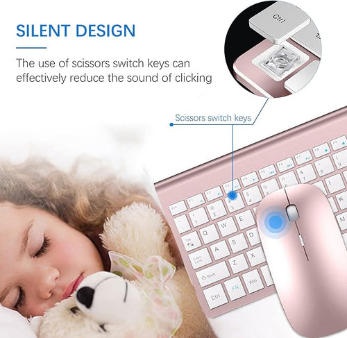 Wireless Keyboard and Mouse Ultra Slim Combo, TopMate 2.4G Silent Compact USB 2400DPI Mouse and Scissor Switch Keyboard Set with Cover, Batteries Included, for PC/Laptop/Windows/Mac - Rose Gold White