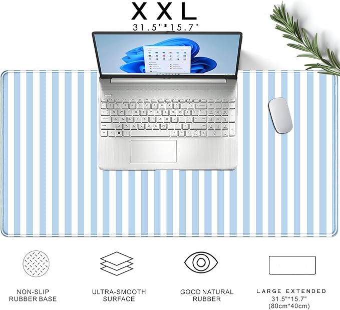 Blue Striped Desk Mat Cute Pastel Large Mouse Pad Kawaii Aesthetic Extended Mat for Home Office Desk Decor Cozy Gaming Keyboard Pad 31.5 X 15.7