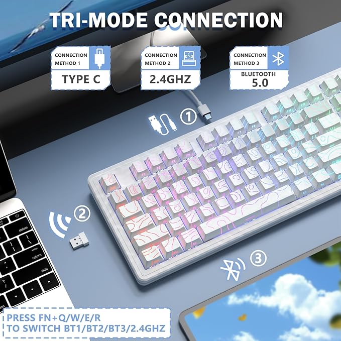 FELICON Attack Shark M87 PRO Wireless Mechanical Gaming Keyboard – 87-Key Tri-Mode (Bluetooth 5.0/2.4Ghz/USB-C), Hot-Swappable Linear Switch, RGB Backlit, 5000mAh Battery – White Contour