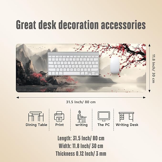 Extended Gaming Mouse Pad, Large Mouse Mat 3 mm Nature Rubber Base Mousepad with Stitched Edges, Non-Slip Desk Mat for Office Home Great Gift 31.5x11.8 Inch (Japanese Watercolor)