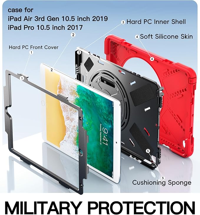 BRAECN Case for iPad Air 3rd Generation 2019 / iPad Pro 10.5 inch 2017, Rugged Heavy Duty Shockproof Cover with Pencil Holder, 360° Rotating Kickstand & Adjustable Hand Strap & Shoulder Strap for Kids