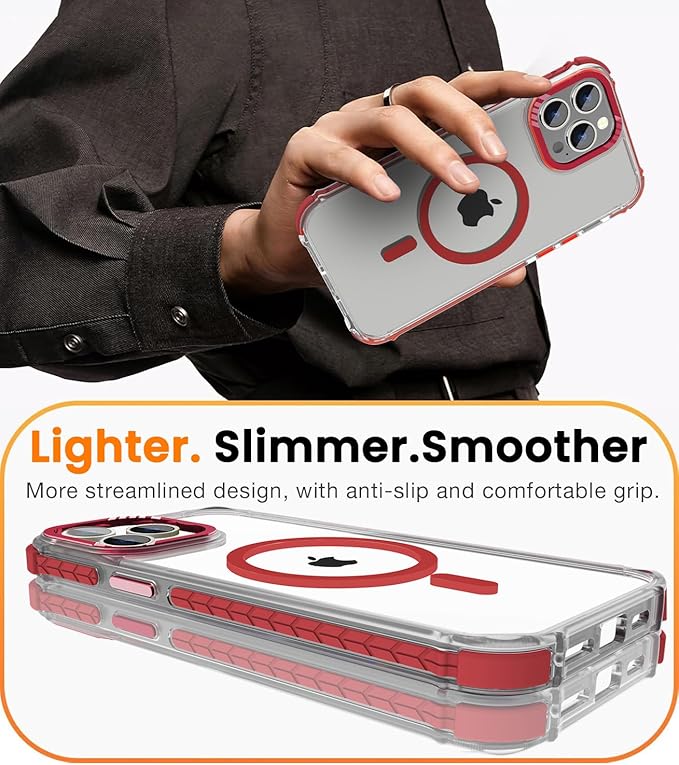 DEERLAMN Strong Magnetic Case for iPhone 15 Pro Max 6.7-Inch,[Compatible with Magsafe][Military Grade Drop Protection] Clear Slim Shockproof Protective Phone Cover-Transparent+Red