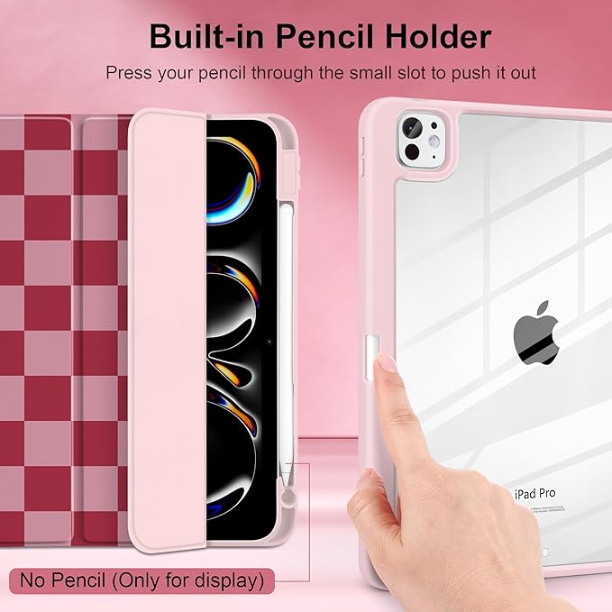 TWOLSKOO Case for iPad Pro 11-inch (M5 2025 / M4 2024), Clear Acrylic Back with TPU Bumper, Pencil Holder, Trifold Stand, Auto Sleep/Wake, Pink Checkerboard