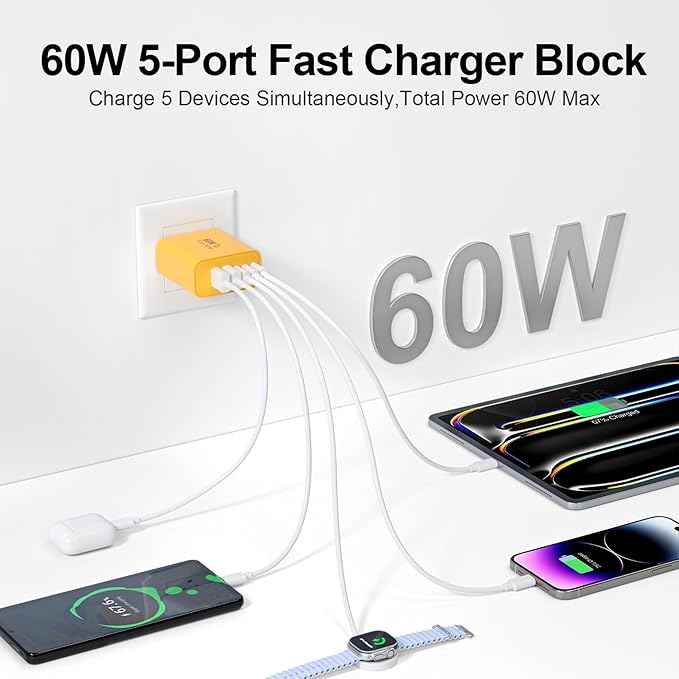USB C Charger Block, 60W 5-Port Type C Charger Fast Charging Block, USBC USB Multiple Port Wall Charger Plug Adapter for iPhone 17/Air/16/15/14/13/12/11 Pro Max, Samsung Galaxy, iPad, Tablet (Yellow)