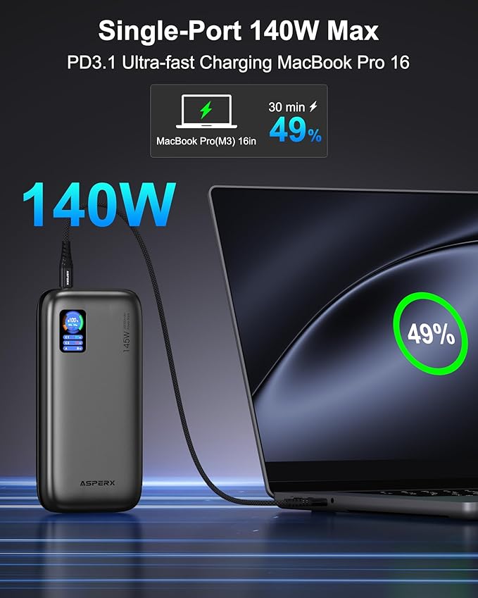 AsperX Laptop Power Bank, 25,000mAh 140W PD 3.1 Fast Charging Portable Charger, TFT Smart Display USB C Battery Pack(92.5Wh) for MacBook/iPhone 17/Dell XPS/Galaxy S25/Steam Deck/ipad (Flight-Approved)
