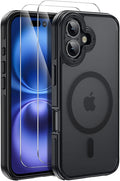 Strong Magnetic Case for iPhone 16 [2 Tempered-Glass Screen Protectors] Compatible with MagSafe Shockproof Slim Thin Cover 6.1 inch 16 Phone Case,Black Set