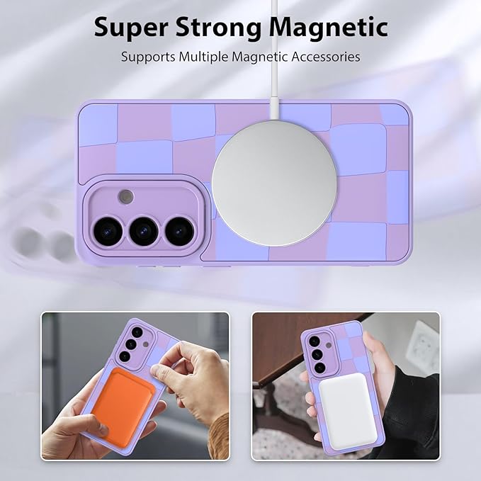 KANGHAR Compatible with Samsung Galaxy S26 Case, Support for MagSafe, Silicone Checkered Cute Pattern, Wristband Kickstand Camera Protection Soft Slim Cover for Girls Women -Purple