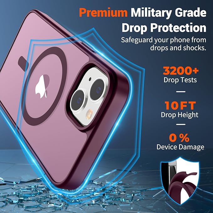 SUPFINE Magnetic for iPhone 14 Case & iPhone 13 Case (Compatible with MagSafe)(Military Grade Drop Protection) Translucent Matte Shockproof Phone Cover,Wine Red