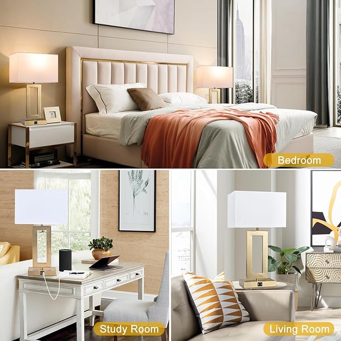 BrightWe 22’’ Set of 2 Touch Control Table Lamps w. 2 USB Ports, 3-Way Dimmable Bedroom Bedside Nightstand Touch Lamps, Modern Gold&White Lamps for Living Room End Table, LED Bulbs Included